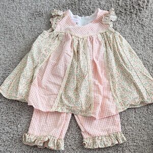 Bonnie Jean Pink Seersucker Floral Patchwork Flair Pants and Top